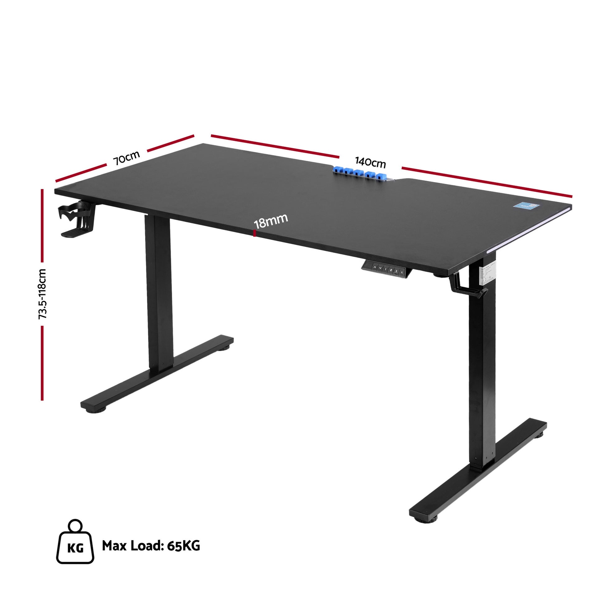 Adjustable height desk 140x70cm, 18mm thick, max load 65KG, ideal for home office setup
