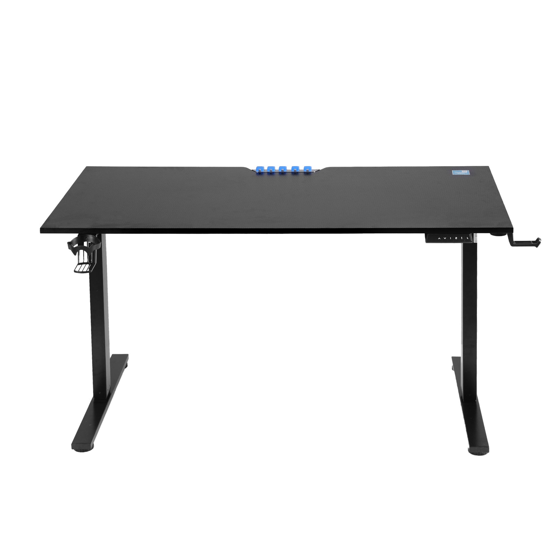 Black height-adjustable standing desk with blue control buttons and cup holder, ideal for home office setup