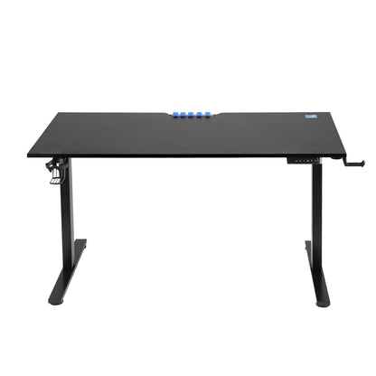 Black height-adjustable standing desk with blue control buttons and cup holder, ideal for home office setup