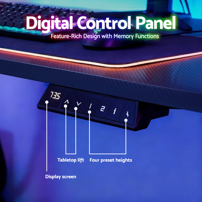 Digital control panel with display screen, tabletop lift, and four preset heights for adjustable desk