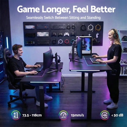 Adjustable standing desk for gaming, seamless sit-stand switch, RGB lighting, 73.5-118cm height, quiet operation