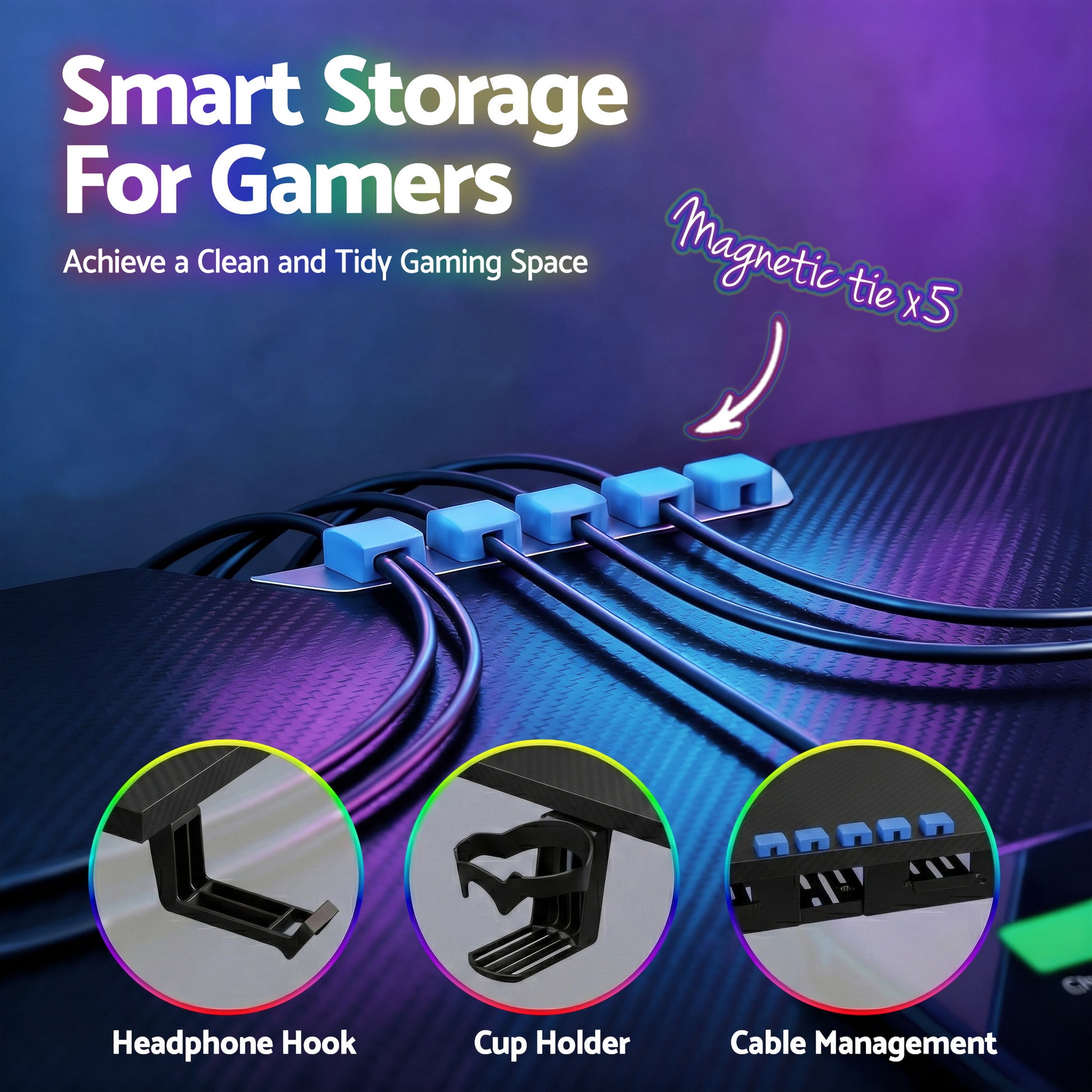 Smart storage for gamers with magnetic cable ties, headphone hook, cup holder, and cable management