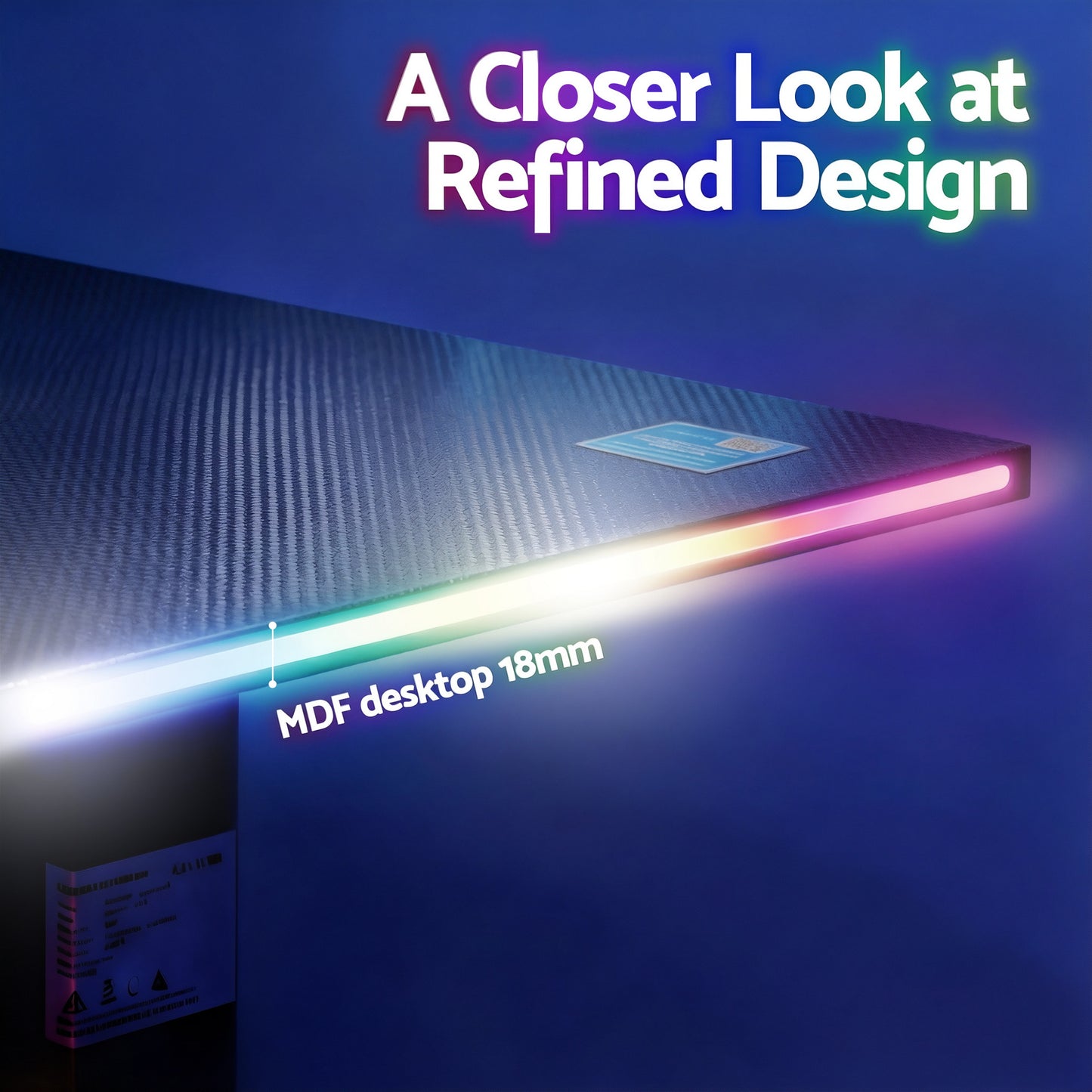 18mm MDF desktop with refined design, illuminated edge lighting, and textured surface detail