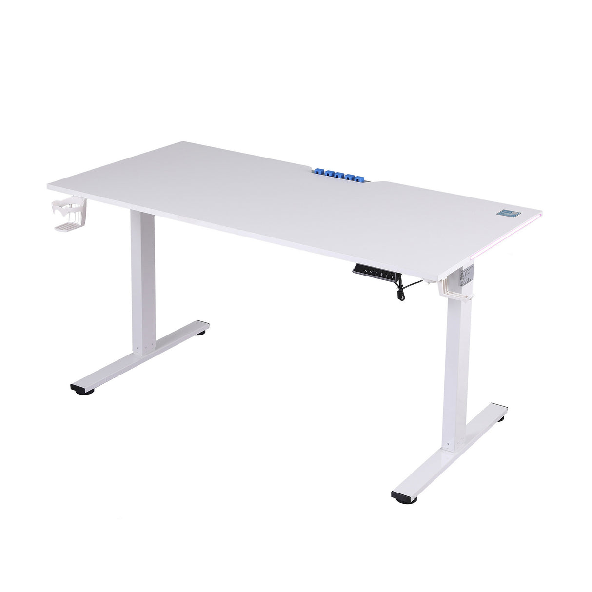White height-adjustable standing desk with LED lighting and USB ports for home office use