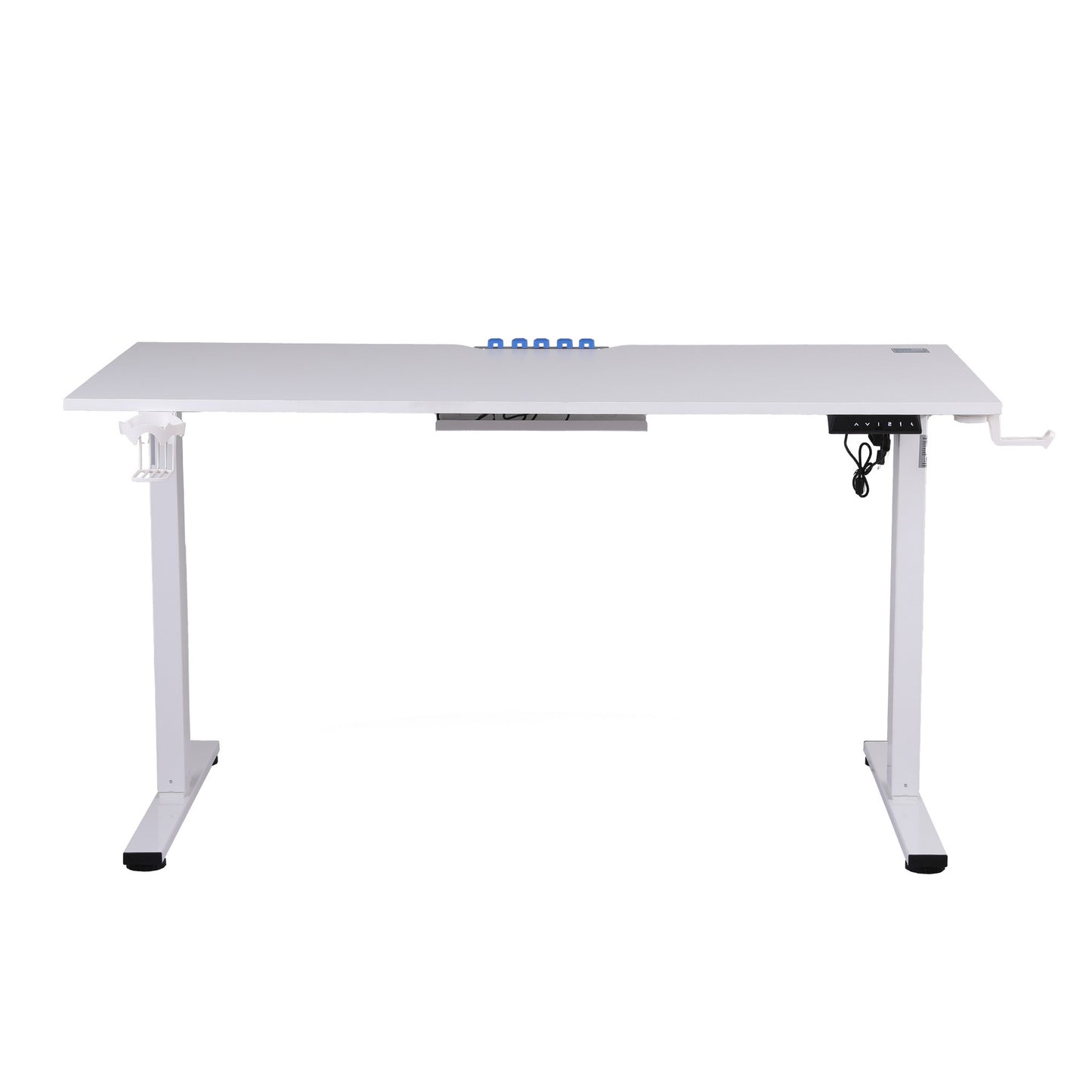 White height adjustable standing desk with blue controls and cable management, ideal for home office setup