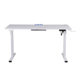 White height adjustable standing desk with blue controls and cable management, ideal for home office setup