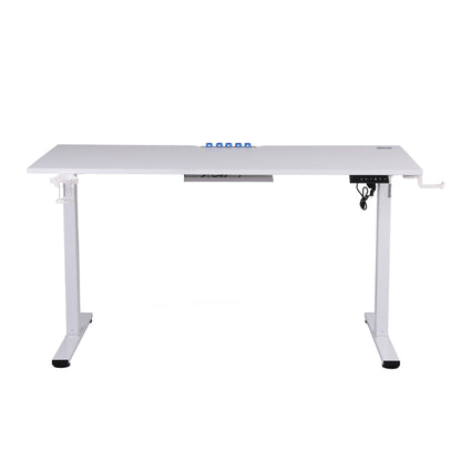 White height adjustable standing desk with blue controls and cable management, ideal for home office setup