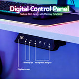 Digital control panel with display screen, tabletop lift buttons, and four preset height settings for adjustable desk