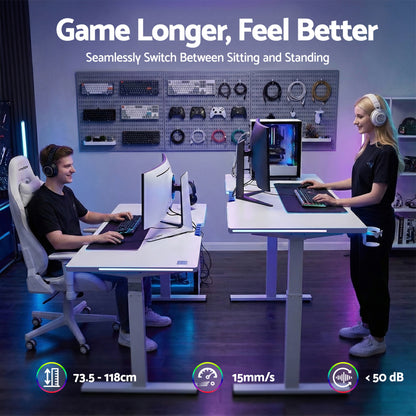 Adjustable standing desk for gaming, seamless sit-stand switch, 73.5-118cm height, quiet operation under 50dB