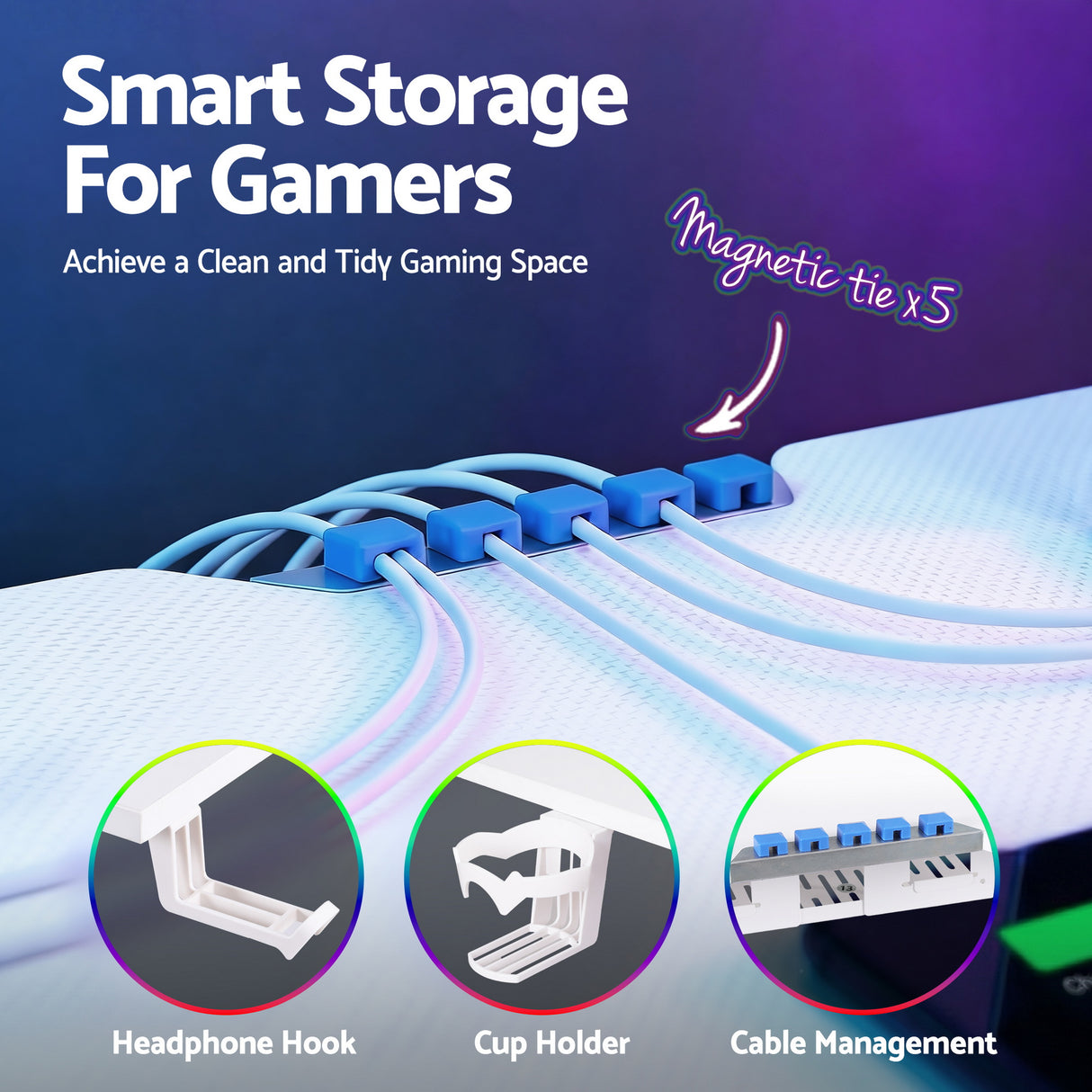 Smart storage for gamers with magnetic cable ties, headphone hook, cup holder, and cable management