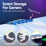 Smart storage for gamers with magnetic cable ties, headphone hook, cup holder, and cable management