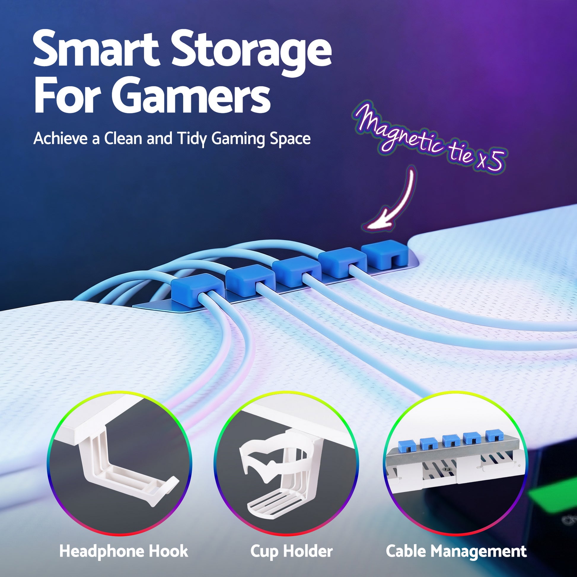 Smart storage for gamers with magnetic cable ties, headphone hook, cup holder, and cable management
