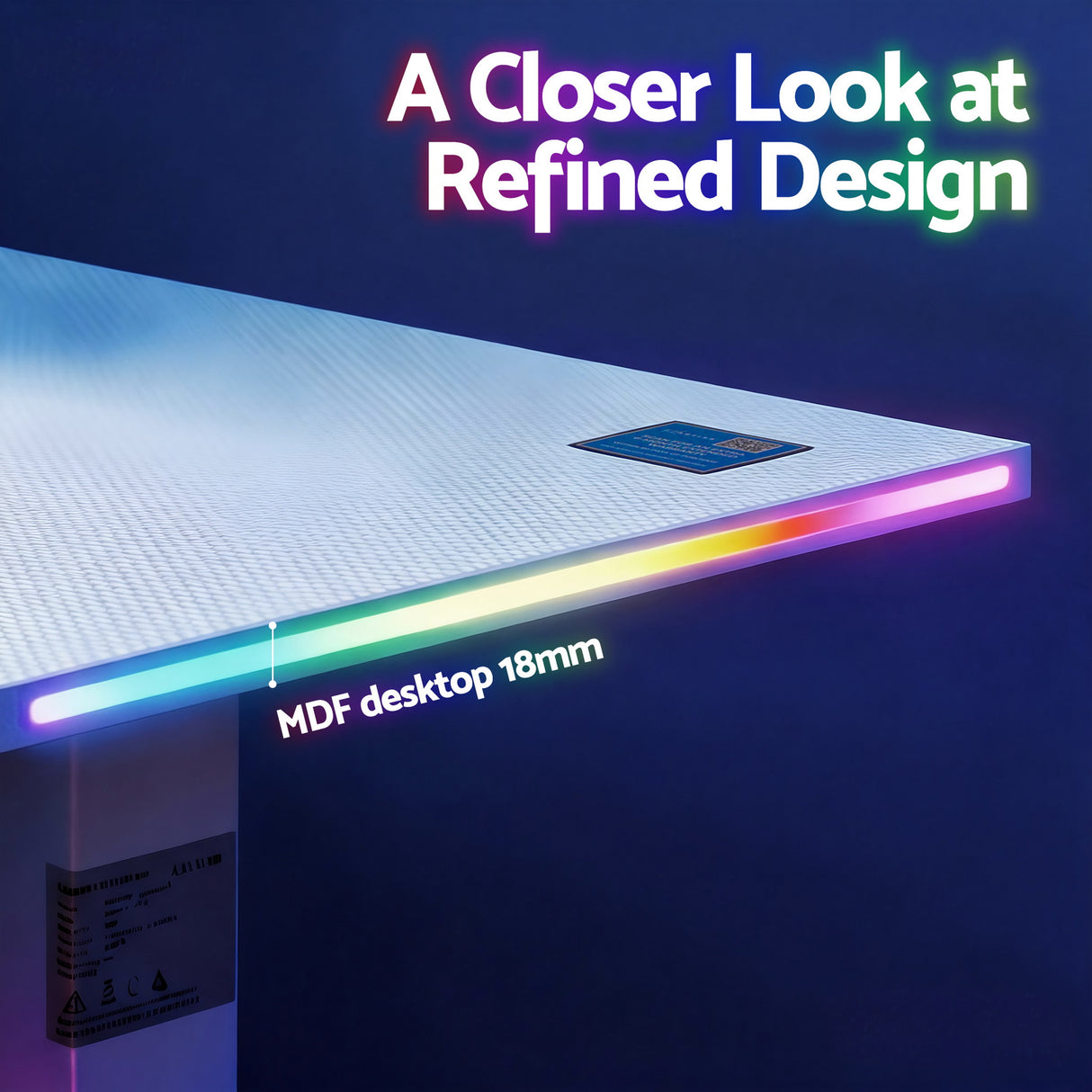 18mm MDF desktop with RGB edge lighting, refined design for modern workspace