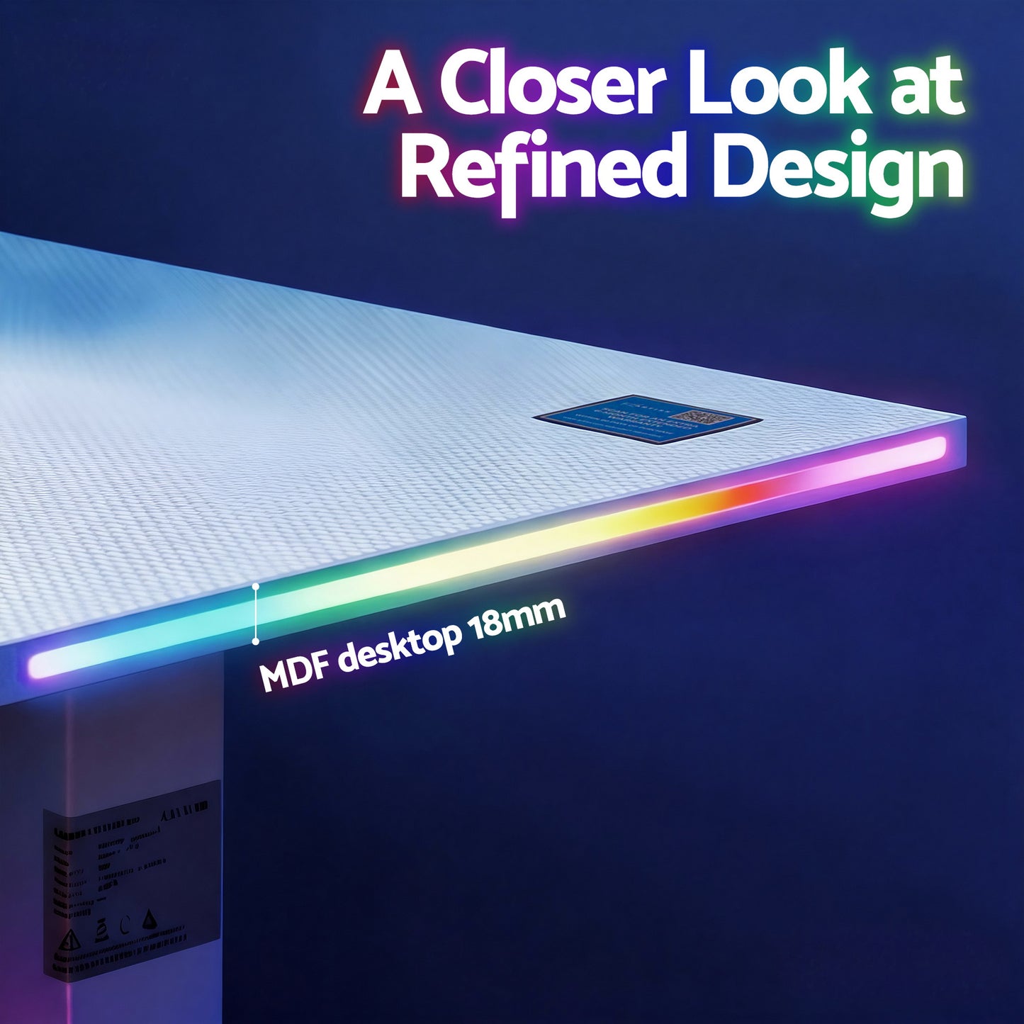 18mm MDF desktop with RGB edge lighting, refined design for modern workspace