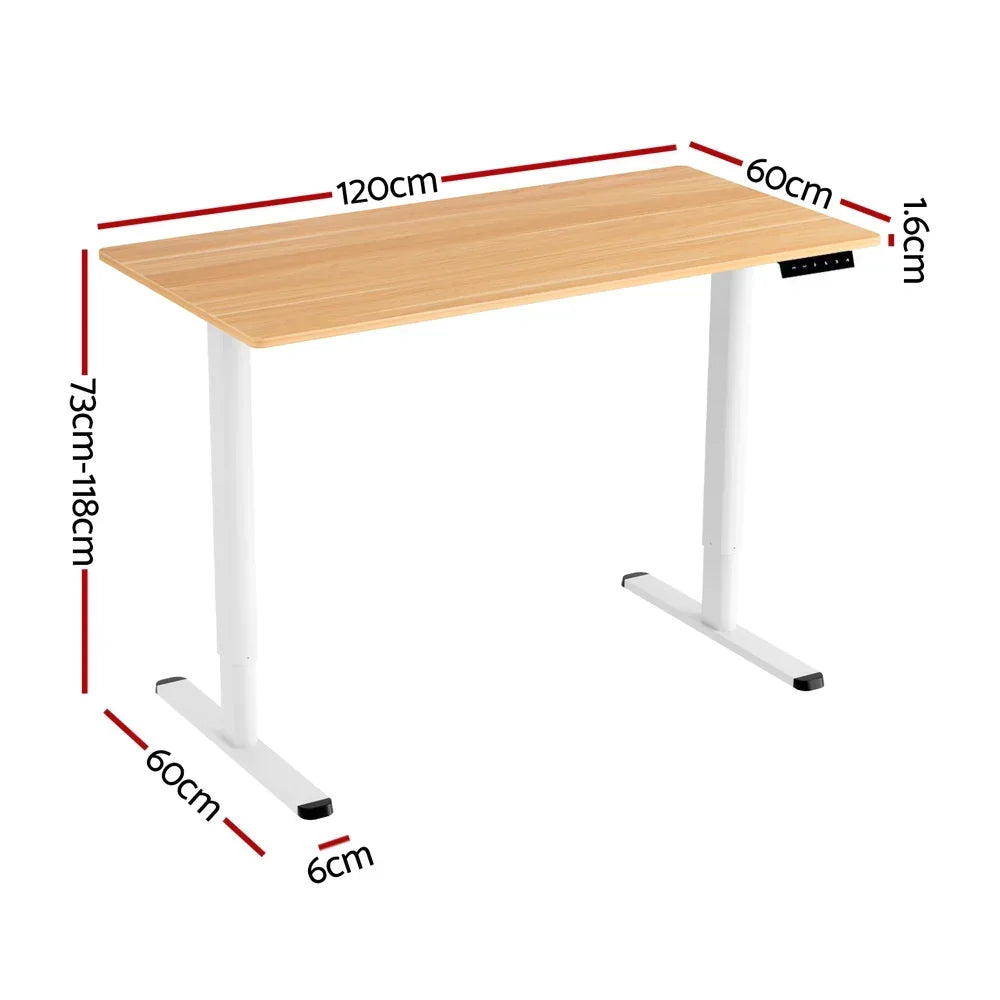 Adjustable standing desk with wood tabletop and white metal legs, dimensions shown