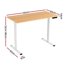 Adjustable standing desk with wood tabletop and white metal legs, dimensions shown