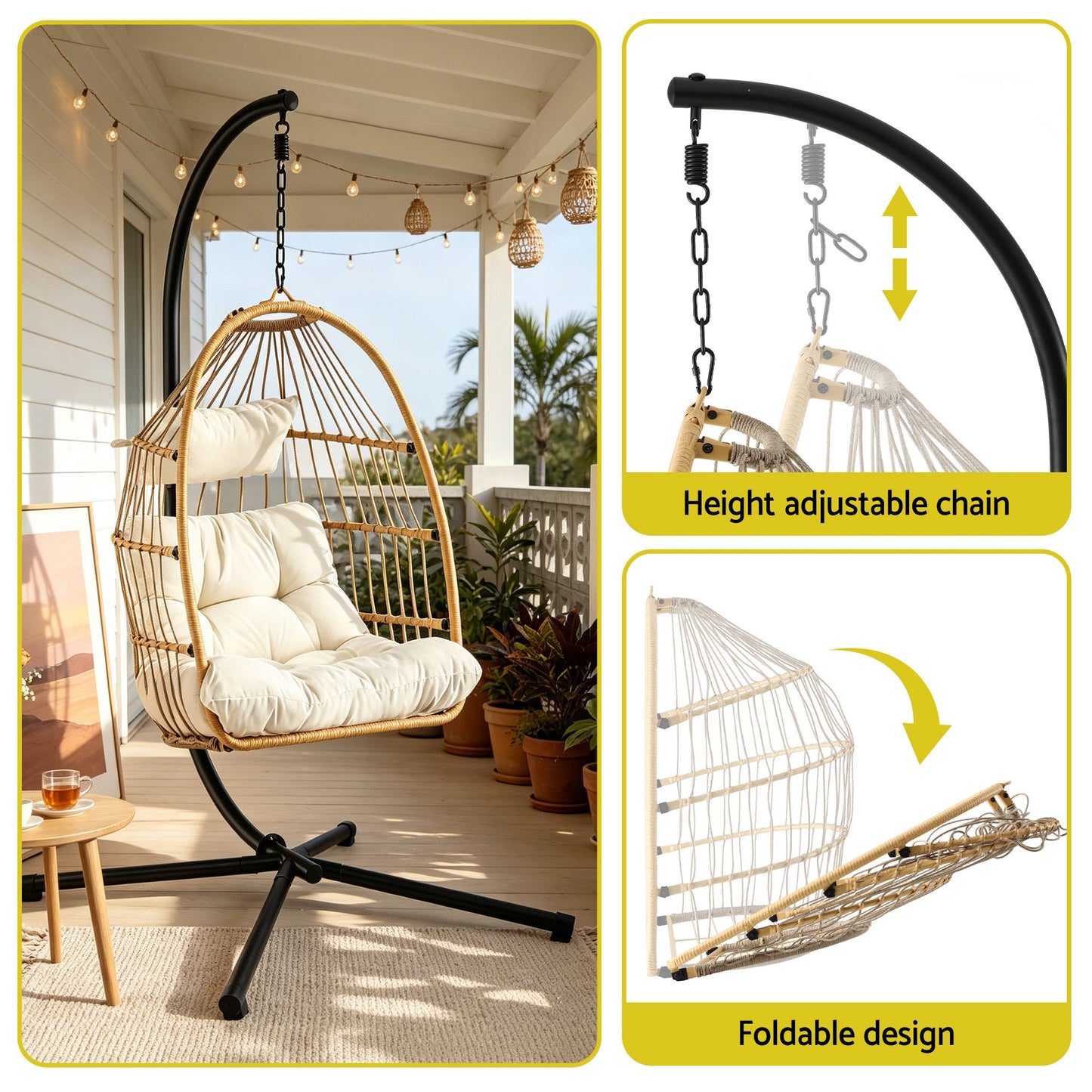 Gardeon Foldable Outdoor Swing Chair With Stand Latte