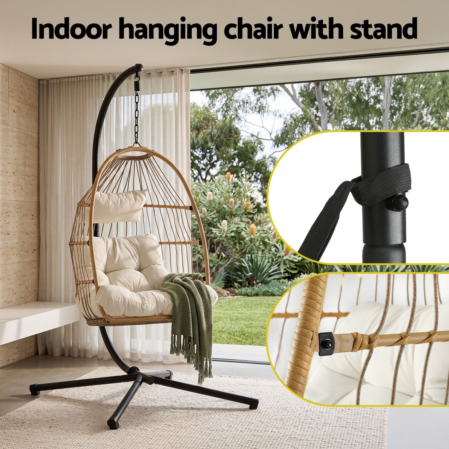 Gardeon Foldable Outdoor Swing Chair With Stand Latte