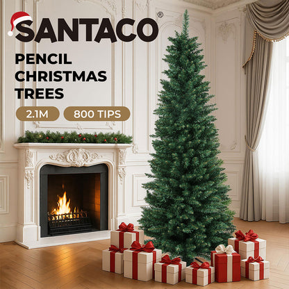 Santaco 2.1m Pencil Christmas Tree 800 Tips Slim Artificial Green