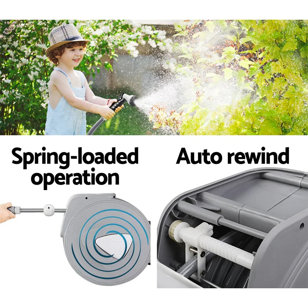 Water Hose Reel 30M Retractable Garden Auto Rewind Spray Gun - Stacks Warehouse