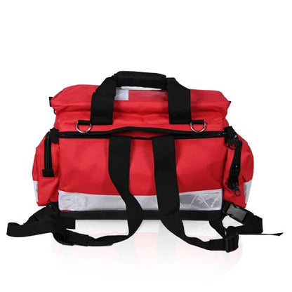 Red first aid responder backpack 54 x 48 x 32 cm with reflective strips and padded shoulder straps for remote worksites