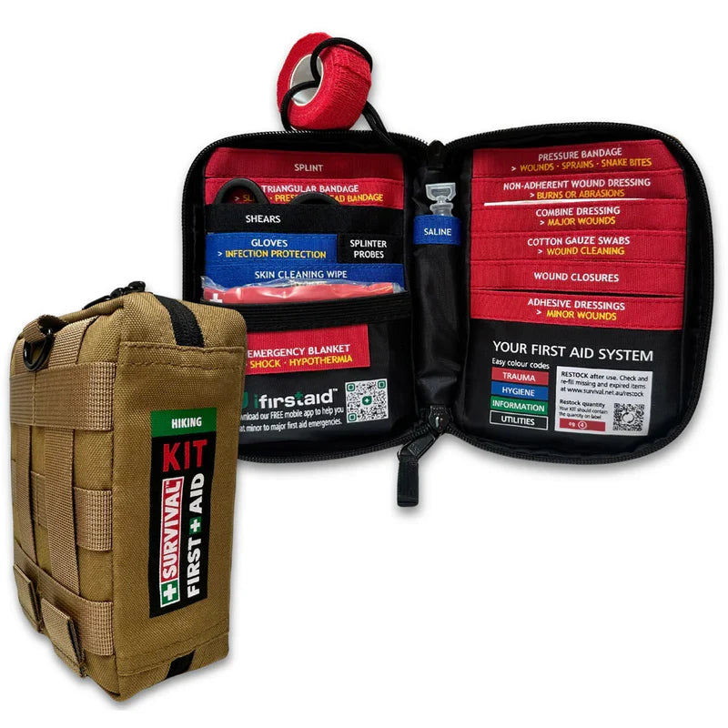 Red trauma module with SMART Bandage, combine dressing, triangular bandage and wound closure strips