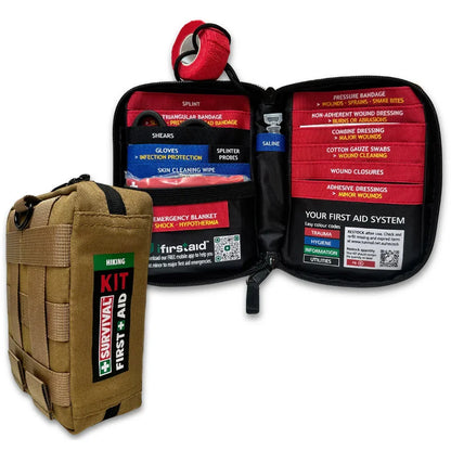 Red trauma module with SMART Bandage, combine dressing, triangular bandage and wound closure strips