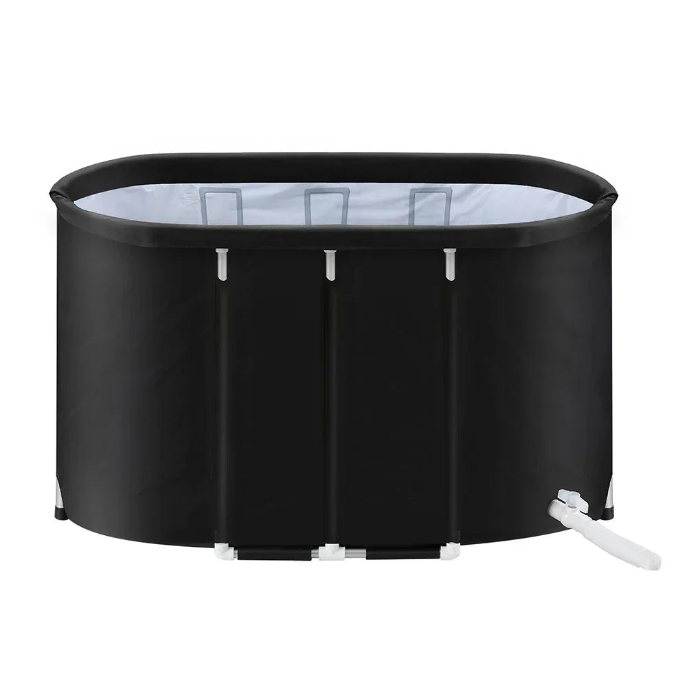 Black portable ice tub bath with drainage hose, oval shape, available at Stacks Warehouse AU.
