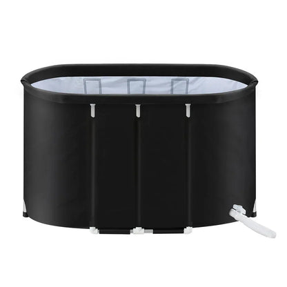 Black portable ice tub bath with drainage hose, oval shape, available at Stacks Warehouse AU.