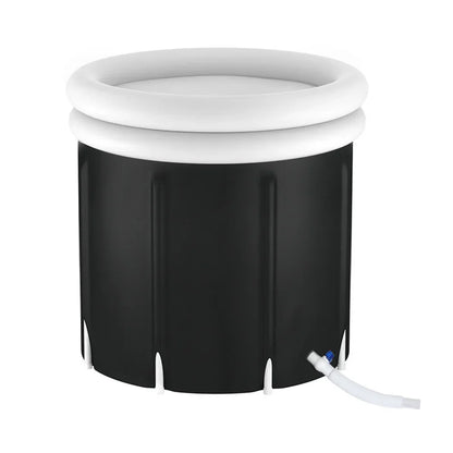 Black and white inflatable ice bath tub with drainage hose, bargain home wellness product