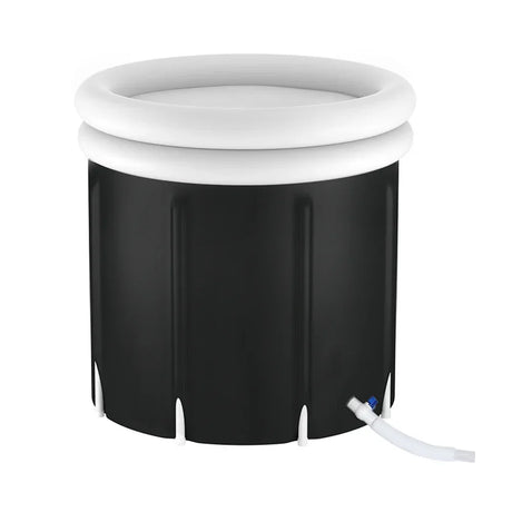 Black and white inflatable ice bath tub with drainage hose, bargain home wellness product