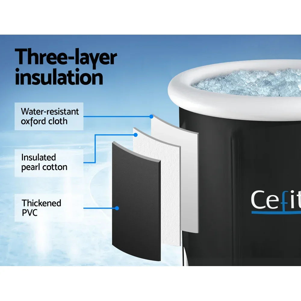Three-layer insulated ice tub showing water-resistant oxford cloth, pearl cotton, and PVC.