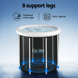 Cefito 300L black ice tub with 8 support legs, thick 20mm pipes, filled with ice, product diagram