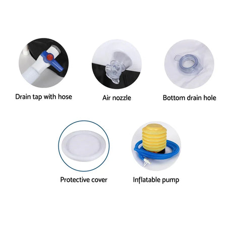 ICE-TUB 80x80 cm features: drain tap with hose, air nozzle, bottom drain hole, protective cover, inflatable pump. Flea Market online bargain store product.