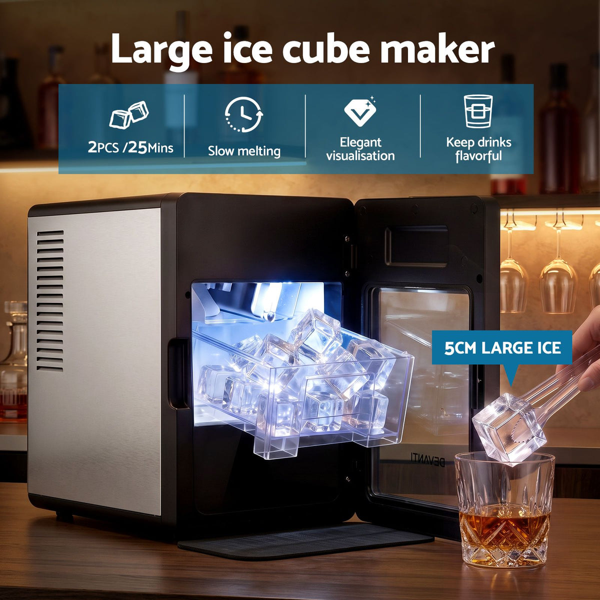 Devanti benchtop ice maker with a 2L water tank and 1.1kg ice bin
