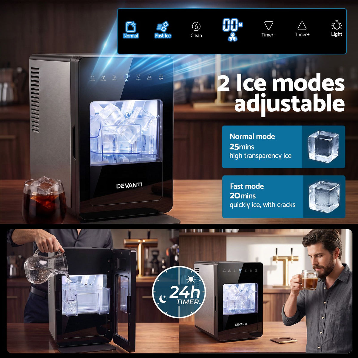 Devanti 5cm large cube ice maker, two cubes per 25 to 40 minute batch