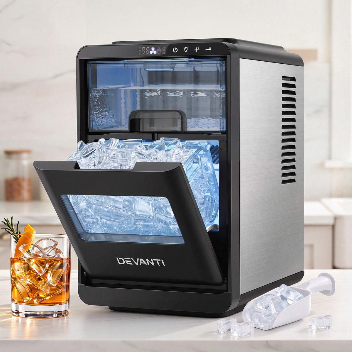 Devanti crescent ice maker, black countertop machine making 12kg of ice a day