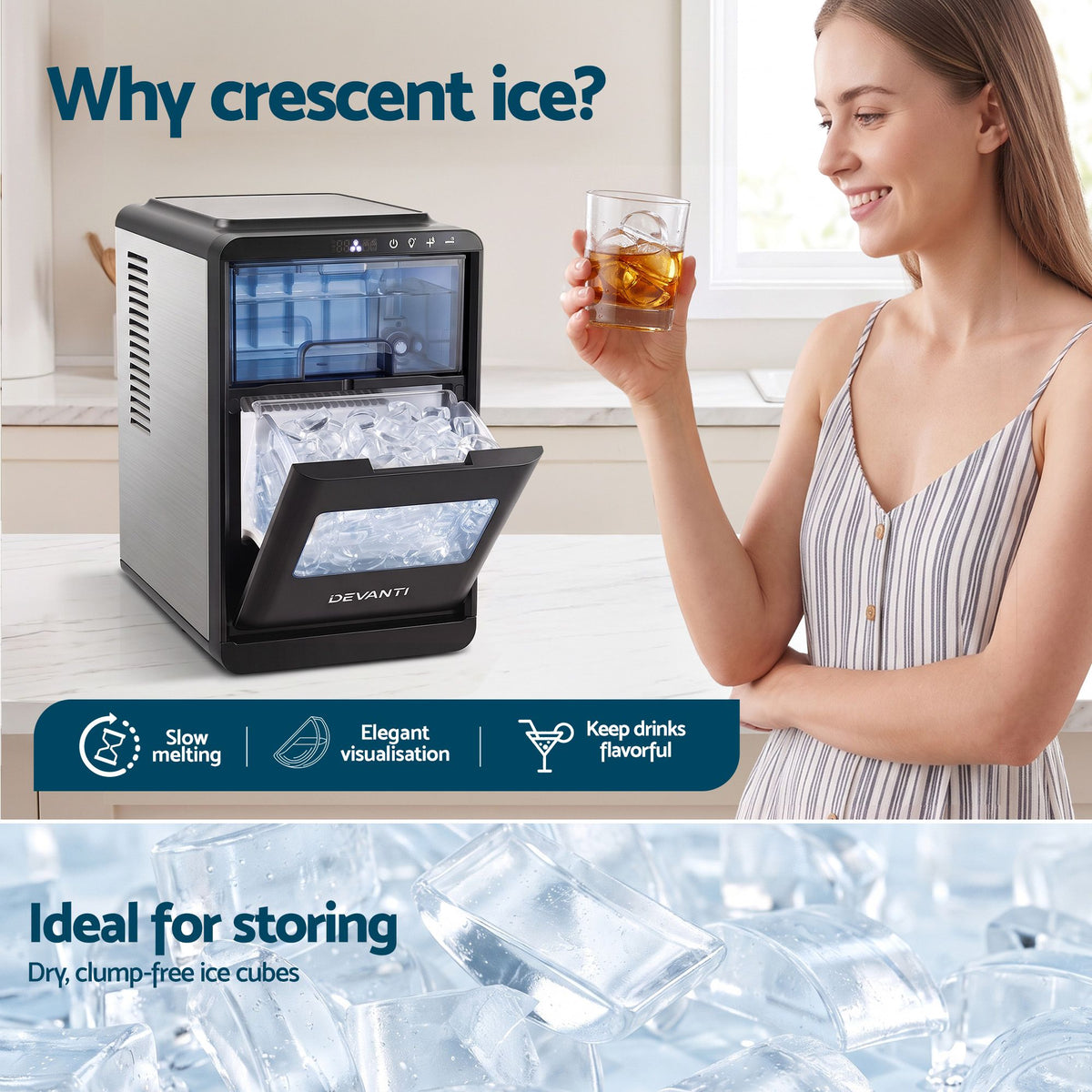 Devanti countertop crescent ice machine with adjustable ice thickness