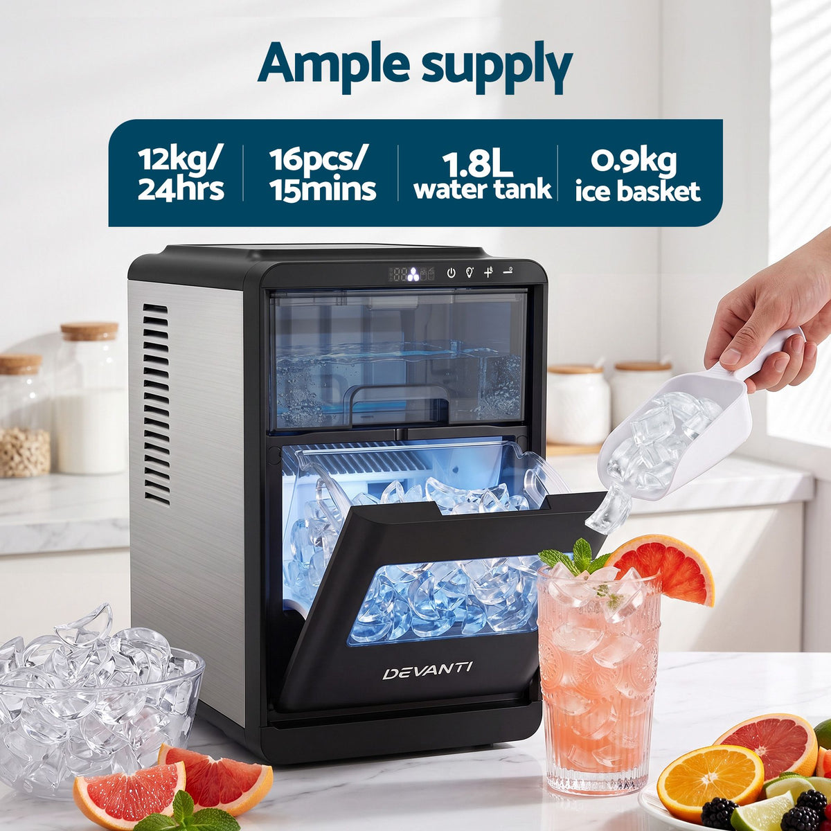 Devanti crescent ice maker with touch control panel and 0 to 24 hour timer