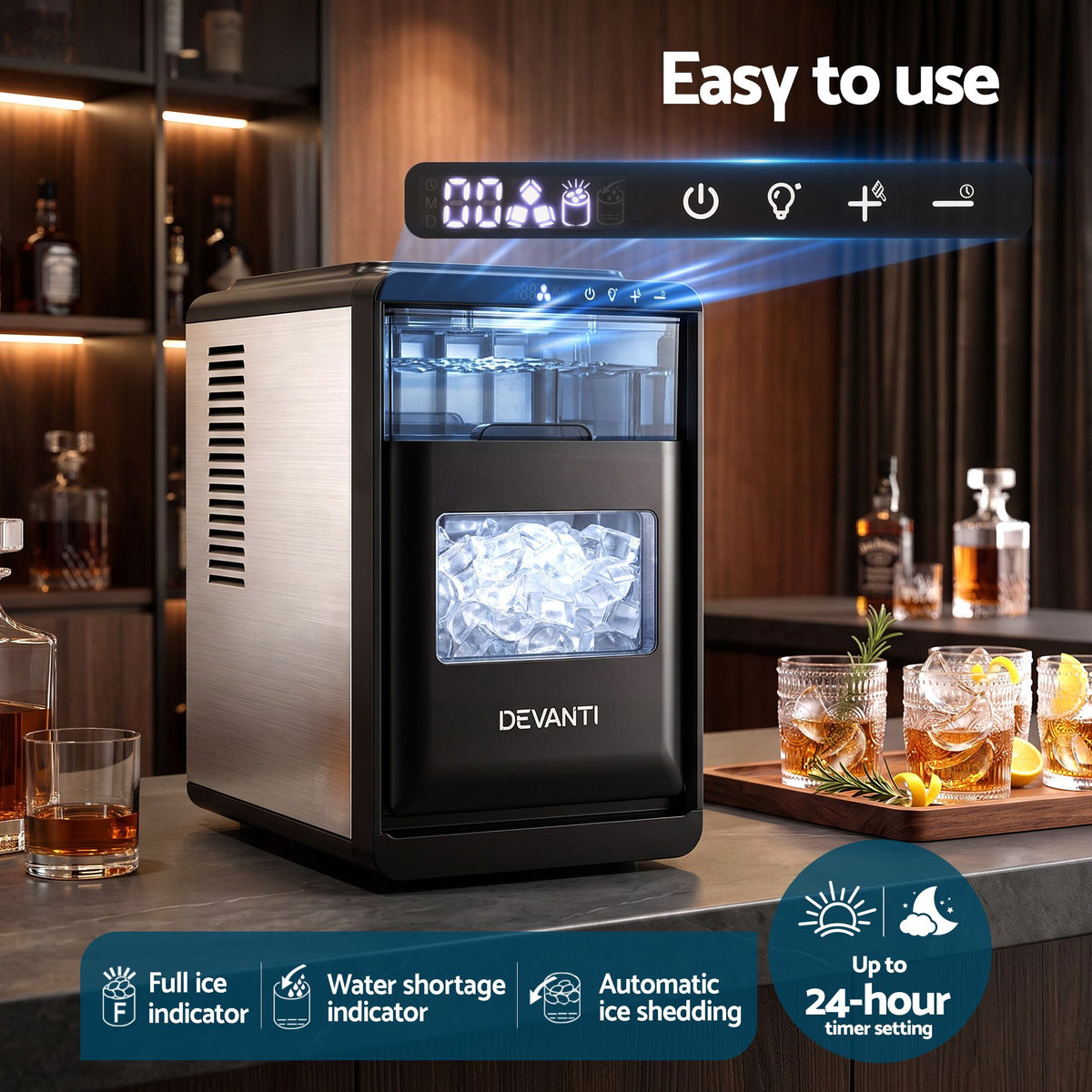 Devanti crescent ice machine with transparent window and LED light