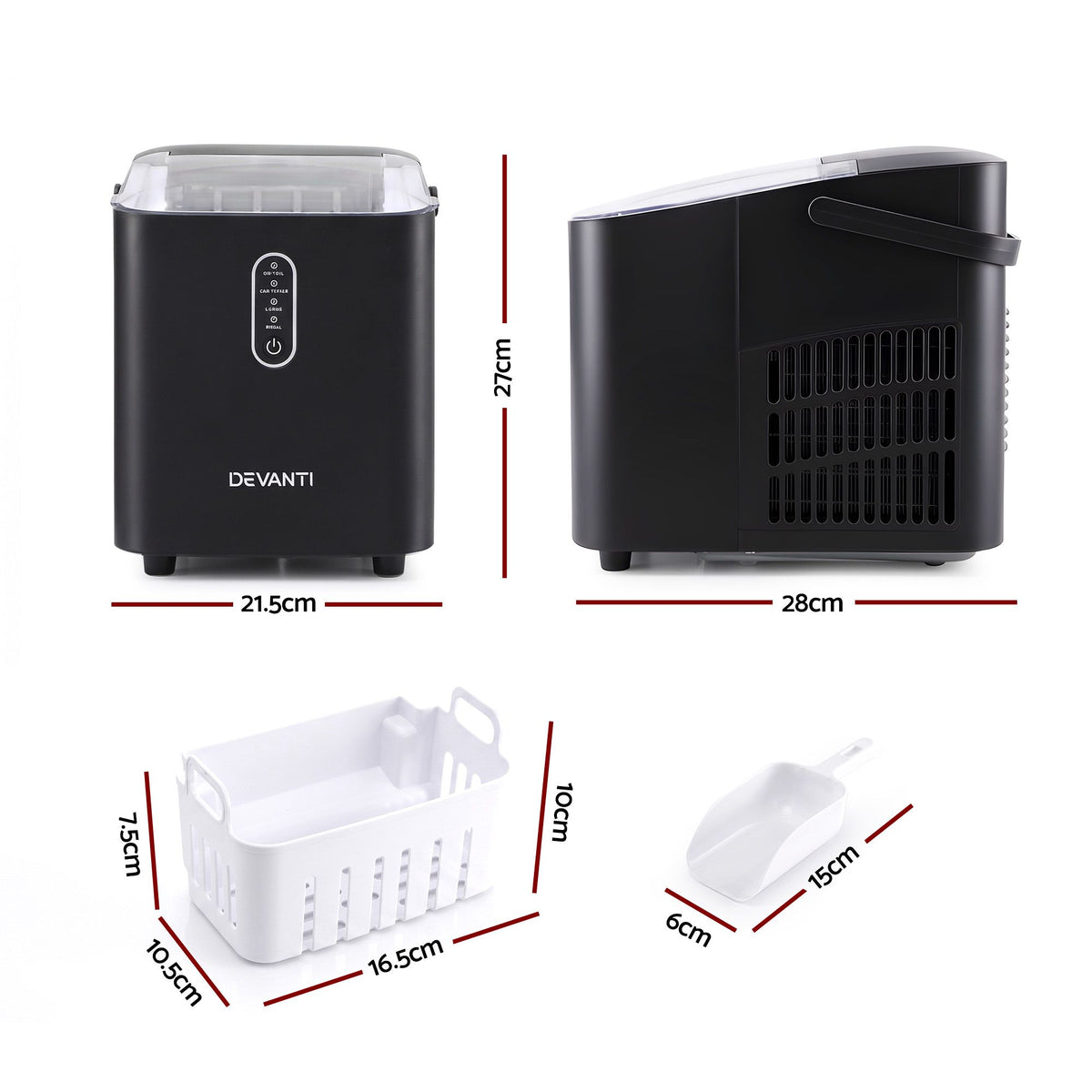 Devanti 12kg Portable Ice Maker, 2 Ice Sizes - Black - view 3