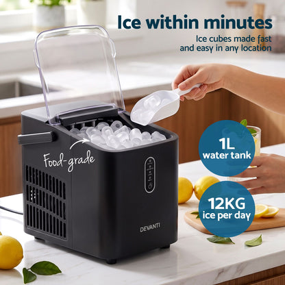 Devanti 12kg Portable Ice Maker, 2 Ice Sizes - Black - view 4