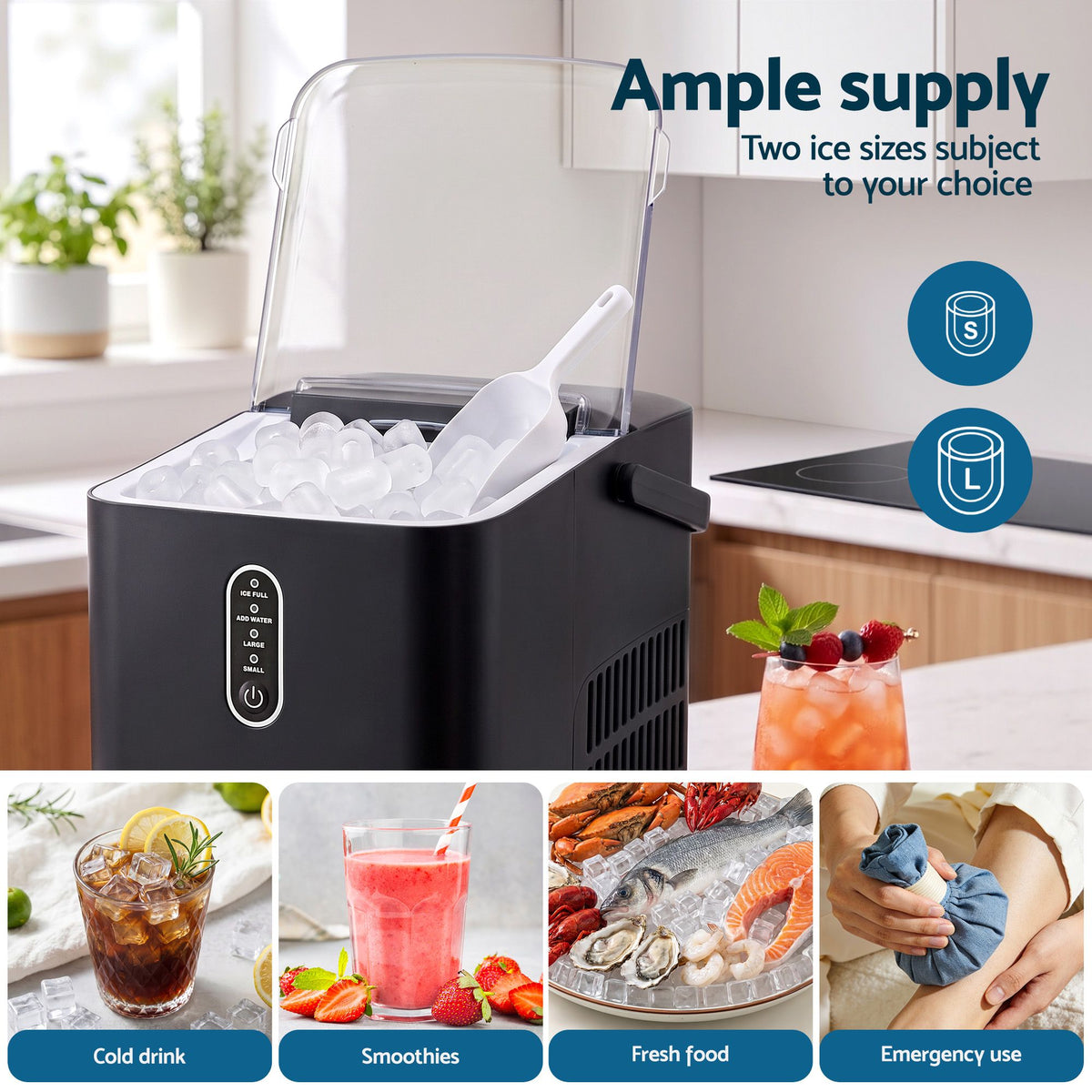 Devanti 12kg Portable Ice Maker, 2 Ice Sizes - Black - view 8