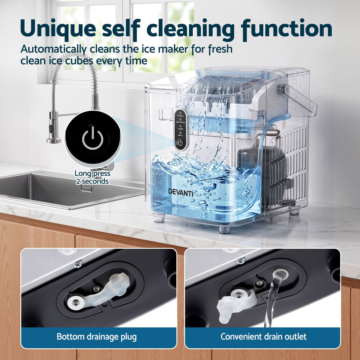 Devanti 12kg Portable Ice Maker, 2 Ice Sizes - Black - view 9