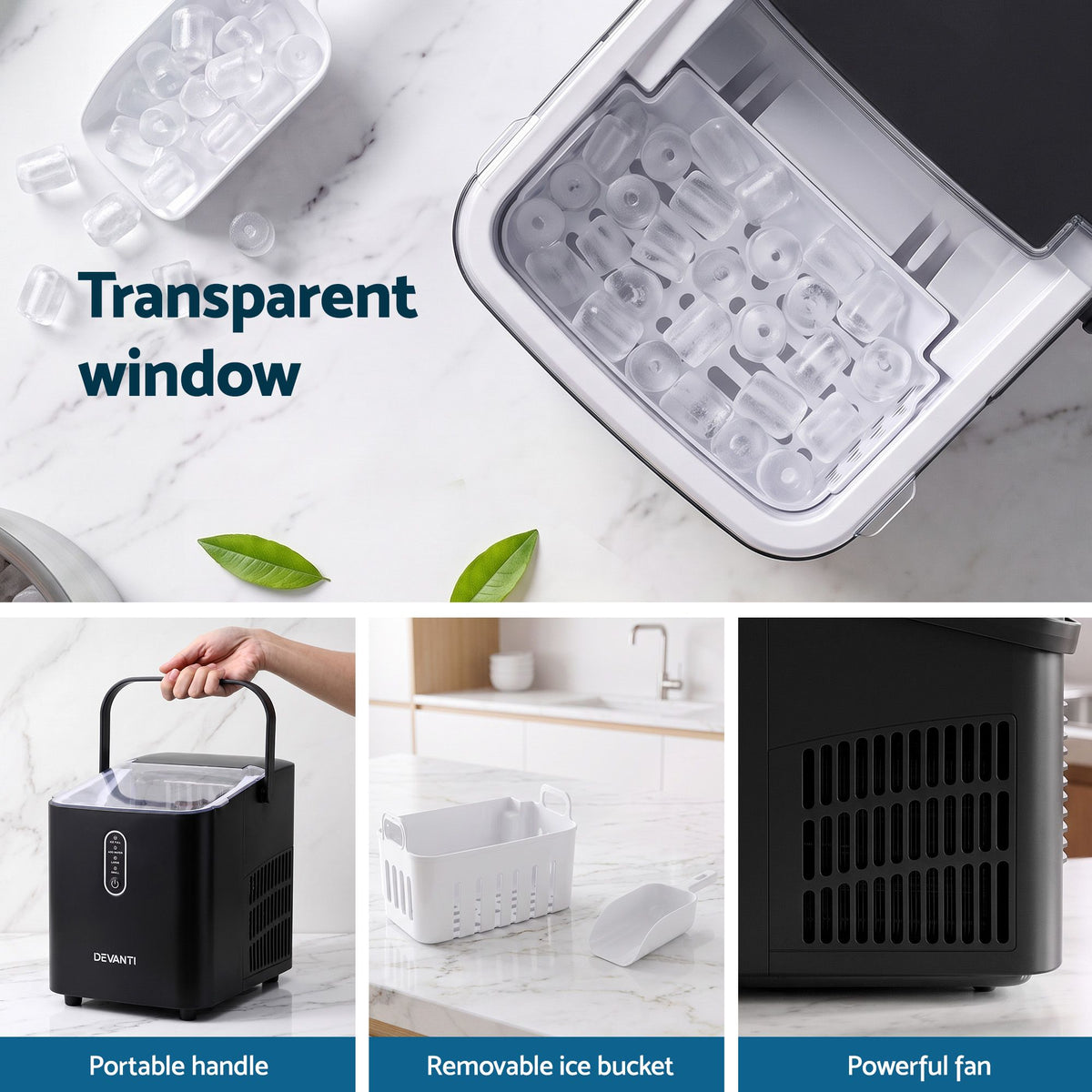 Devanti 12kg Portable Ice Maker, 2 Ice Sizes - Black - view 10
