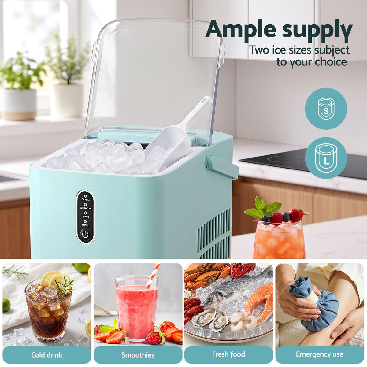 Devanti 12kg Portable Ice Maker, 2 Ice Sizes - Green - view 7