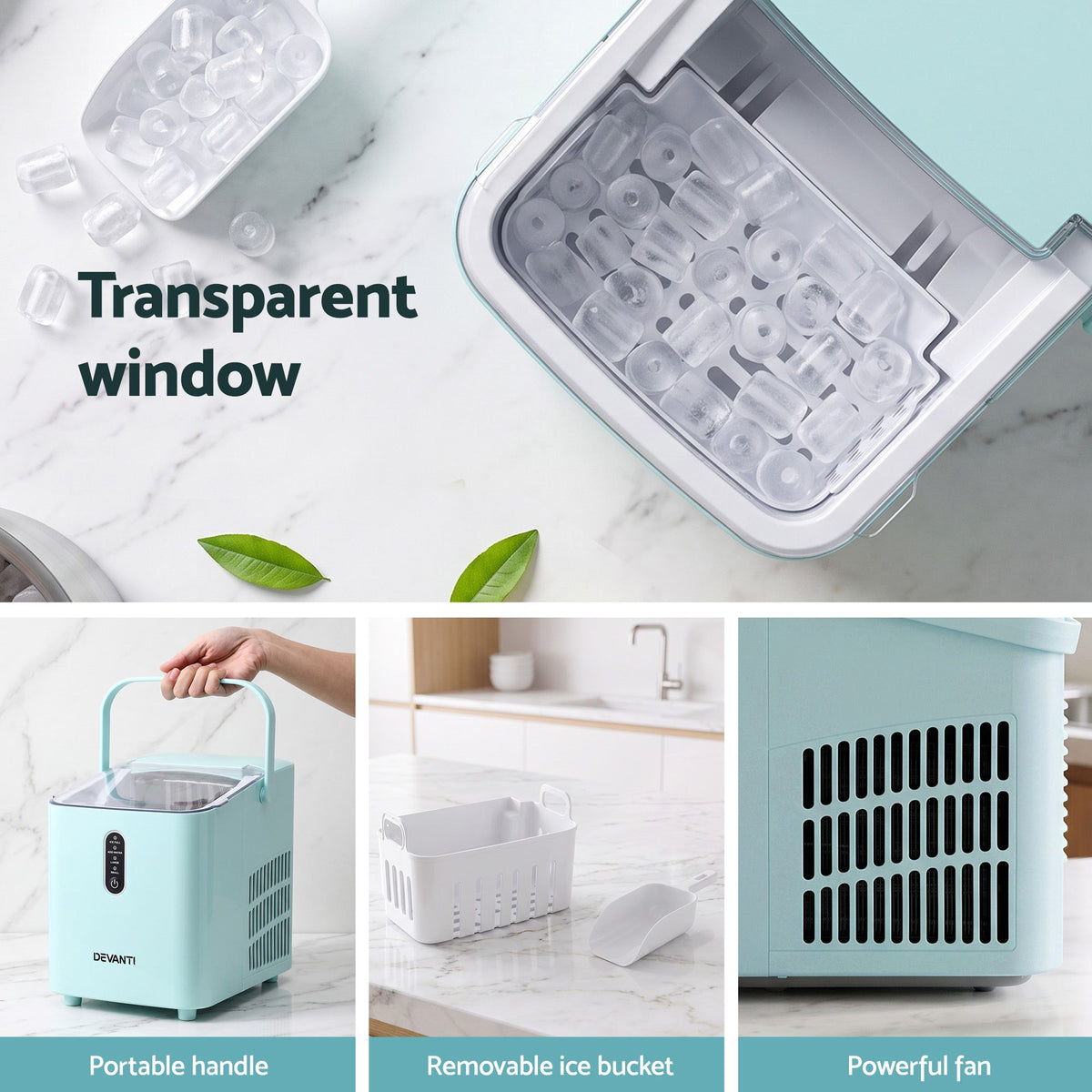 Devanti 12kg Portable Ice Maker, 2 Ice Sizes - Green - view 9