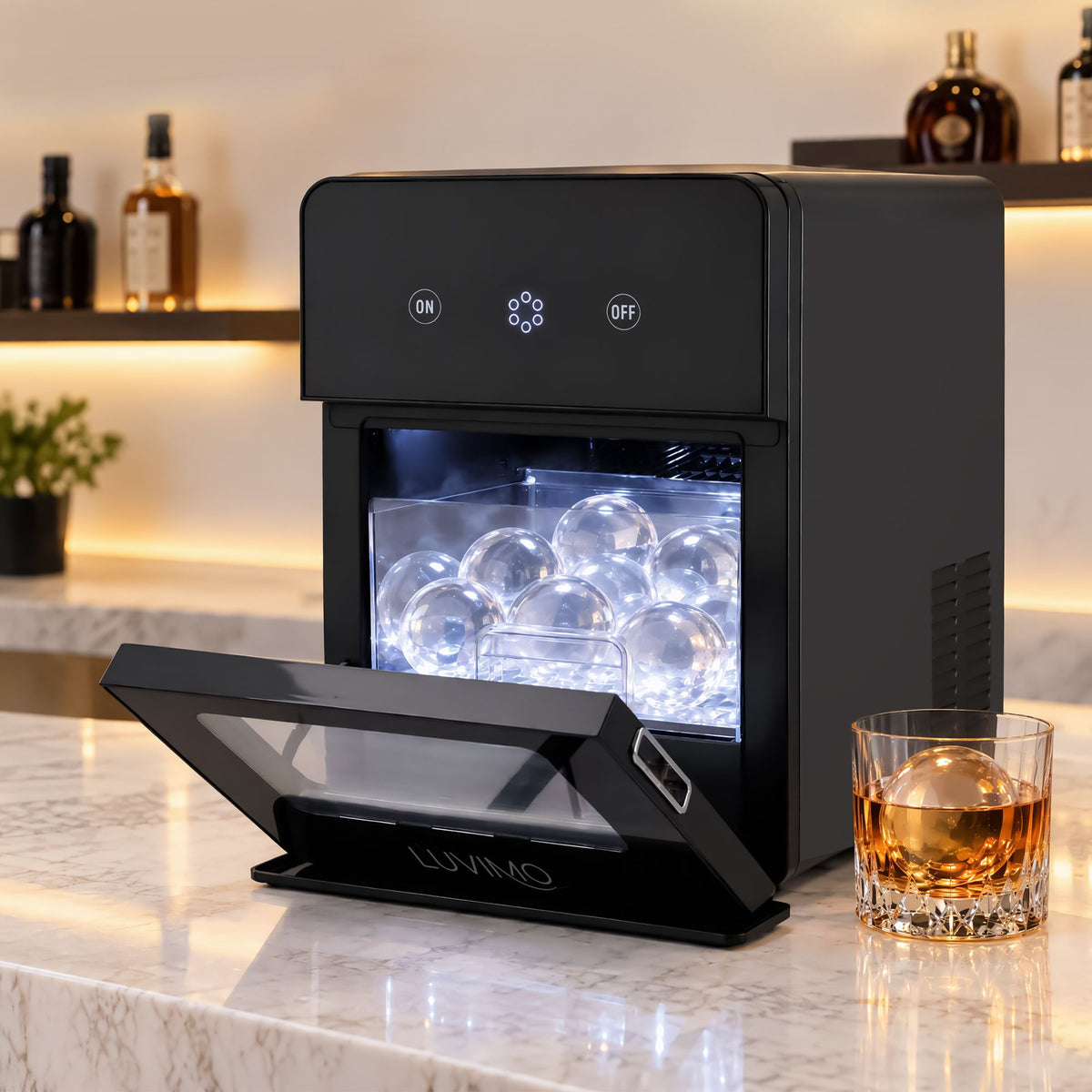 Luvimo sphere ice maker in black, countertop machine making 50mm clear ice balls