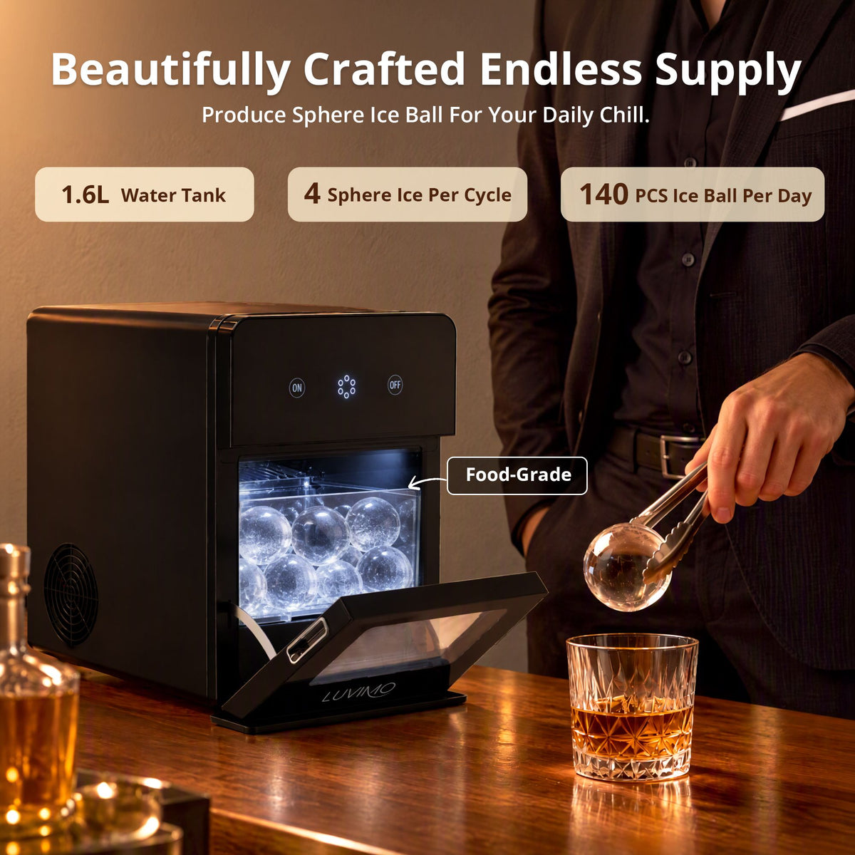 Luvimo ice ball maker, four 50mm spheres per 30 to 40 minute cycle