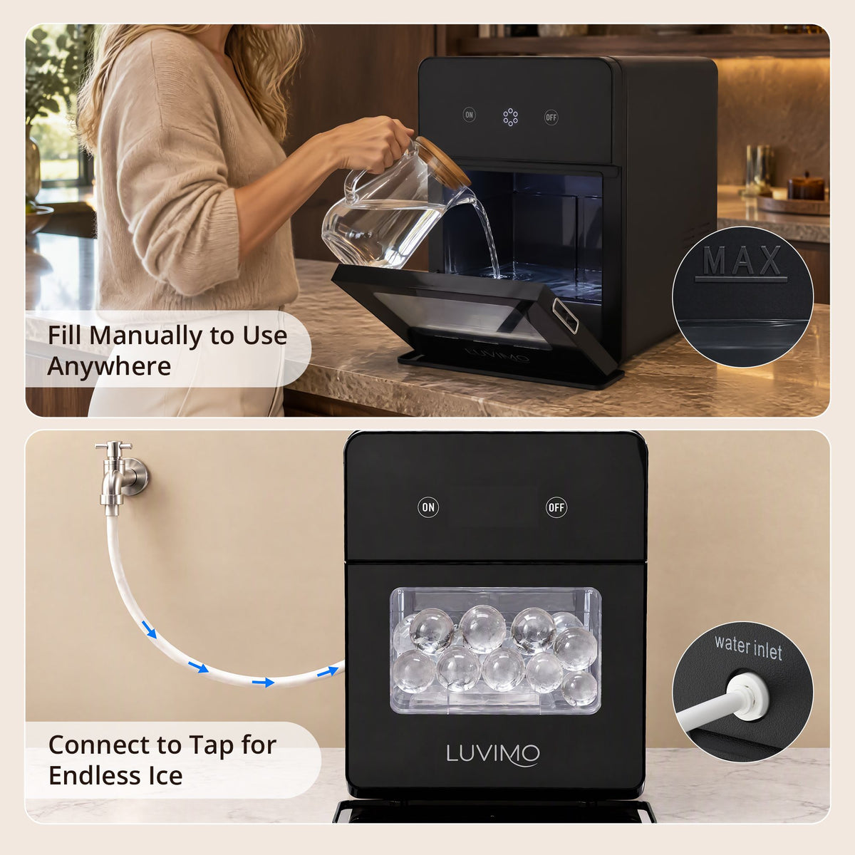 Luvimo sphere ice maker with automatic self cleaning and a bottom drain